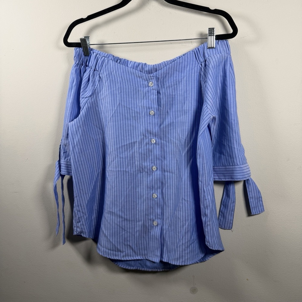 Women's Haute Los Project Shirt Top Size Medium Blue Stripe Tie Sleeve Preppy